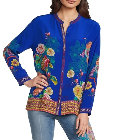 JOHNNY WAS Audrey Victoria Silk Scarf Print Round Neck Long Sleeve Tunic