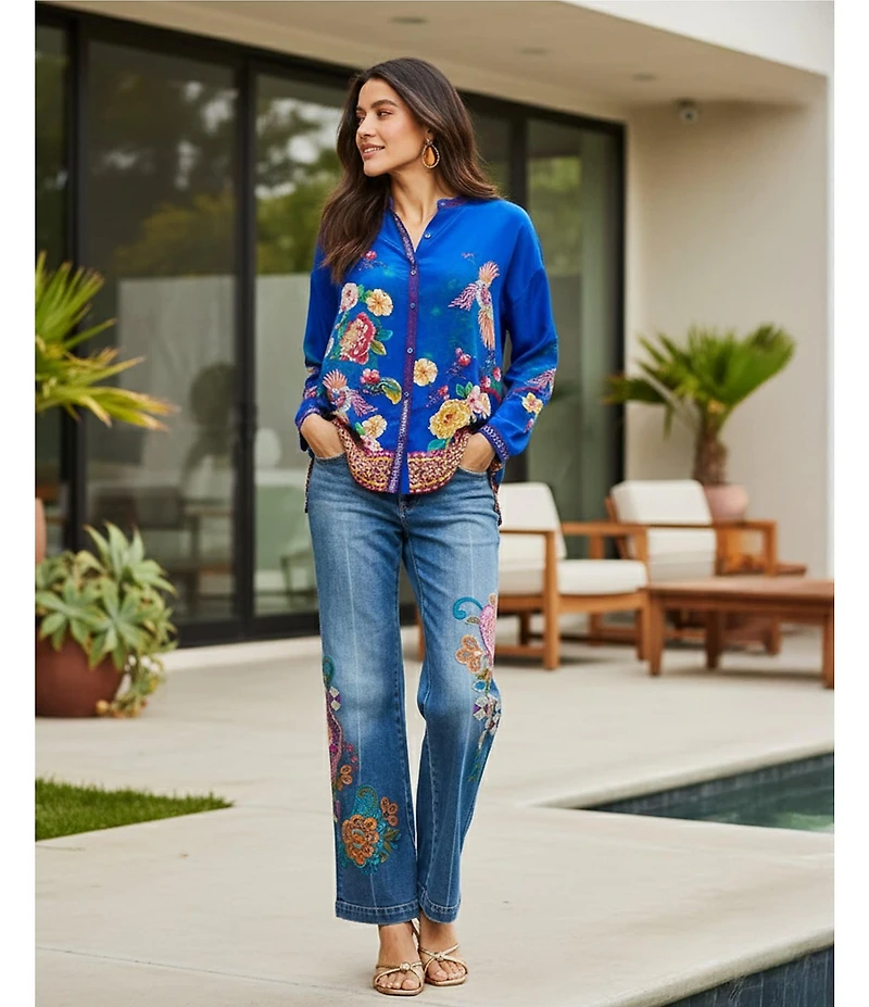 JOHNNY WAS Audrey Victoria Silk Scarf Print Round Neck Long Sleeve Tunic