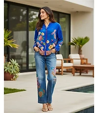 JOHNNY WAS Audrey Victoria Silk Scarf Print Round Neck Long Sleeve Tunic