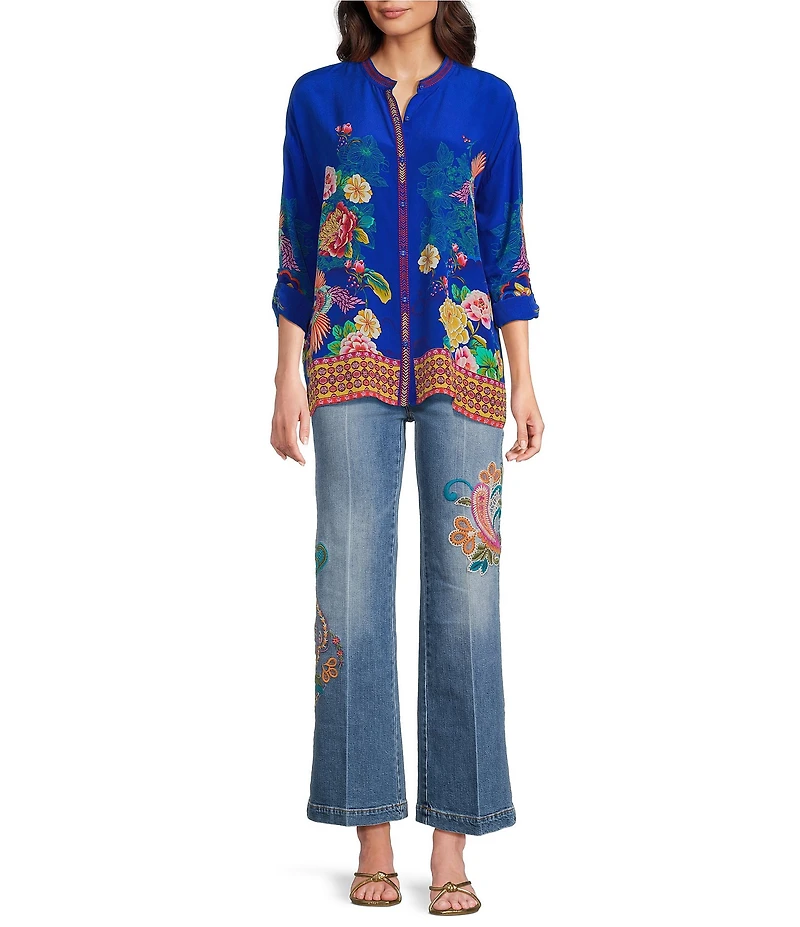 JOHNNY WAS Audrey Victoria Silk Scarf Print Round Neck Long Sleeve Tunic