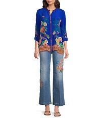 JOHNNY WAS Audrey Victoria Silk Scarf Print Round Neck Long Sleeve Tunic