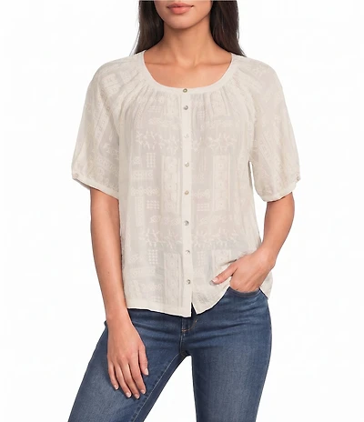 JOHNNY WAS Avah Embroidered Round Neck Short Sleeve Button-Front Shirt