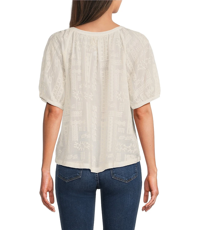 JOHNNY WAS Avah Embroidered Round Neck Short Sleeve Button-Front Shirt