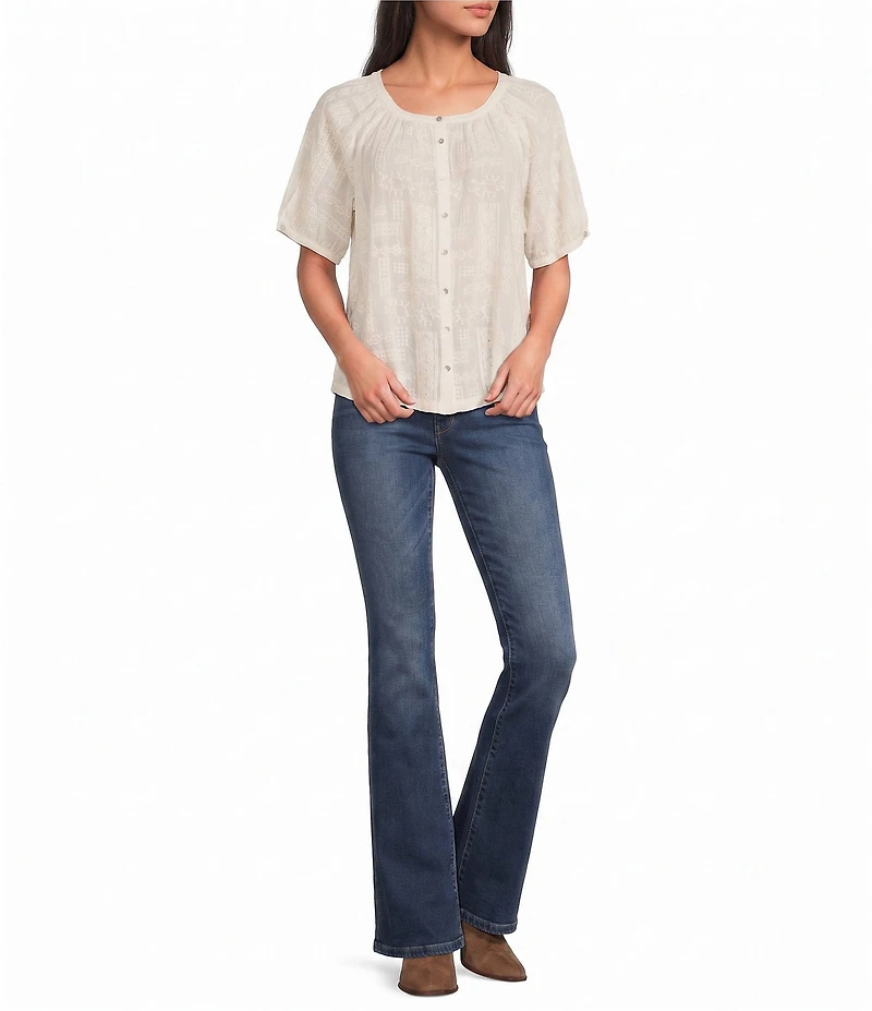 JOHNNY WAS Avah Embroidered Round Neck Short Sleeve Button-Front Shirt