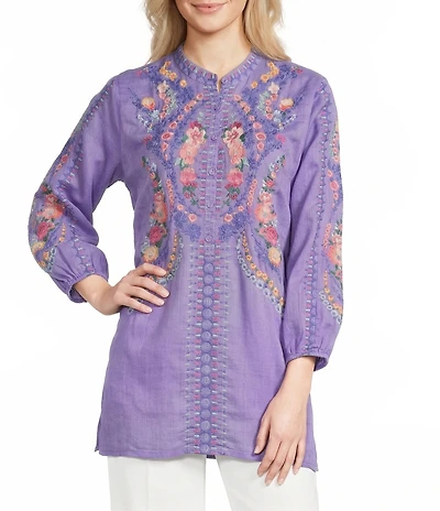 JOHNNY WAS Bahari Floral Embordered Henley Neck Long Sleeve Tunic