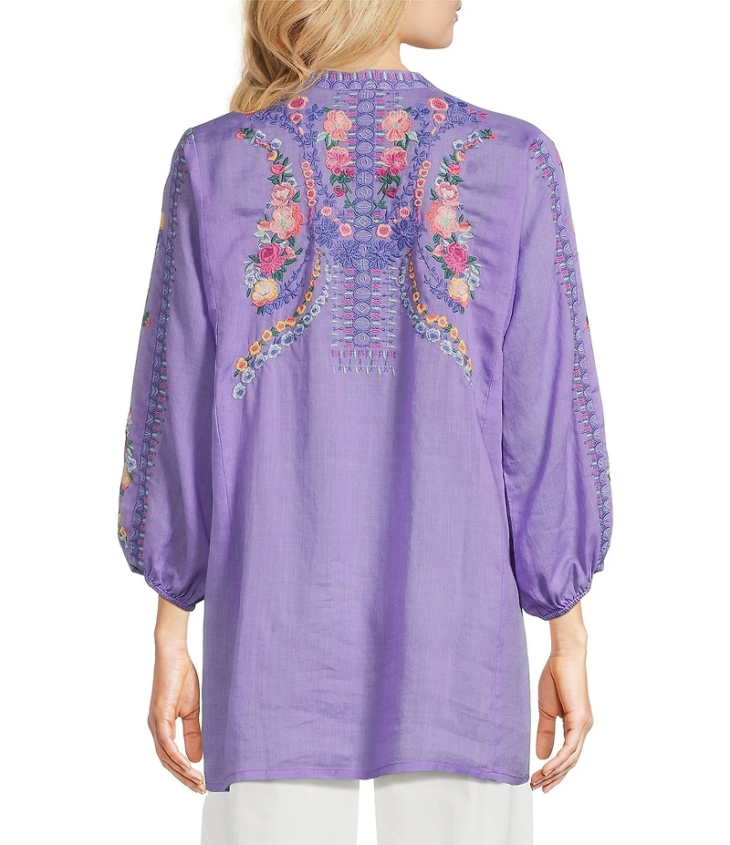 JOHNNY WAS Bahari Floral Embordered Henley Neck Long Sleeve Tunic