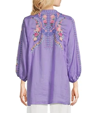 JOHNNY WAS Bahari Floral Embordered Henley Neck Long Sleeve Tunic