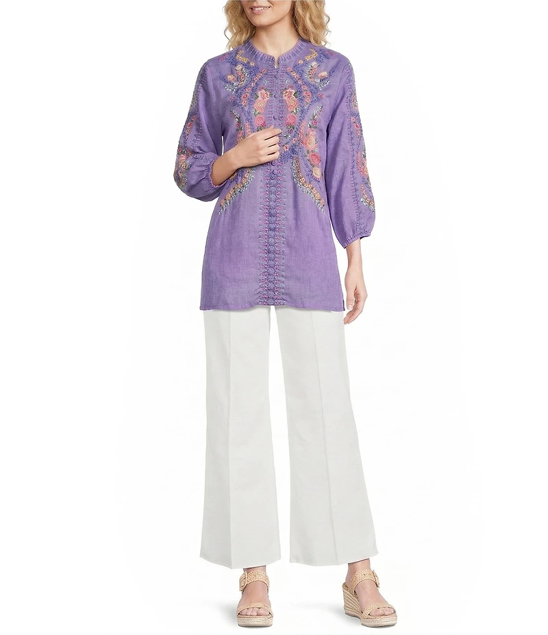 JOHNNY WAS Bahari Floral Embordered Henley Neck Long Sleeve Tunic