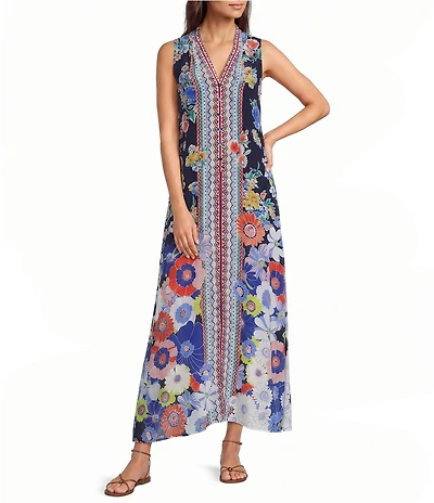 JOHNNY WAS Banksia Tiana Floral Scarf Print Silk V-Neck Sleeveless Maxi Dress