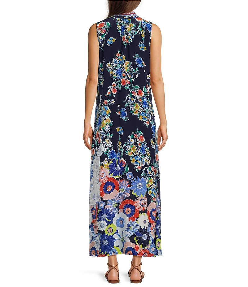JOHNNY WAS Banksia Tiana Floral Scarf Print Silk V-Neck Sleeveless Maxi Dress