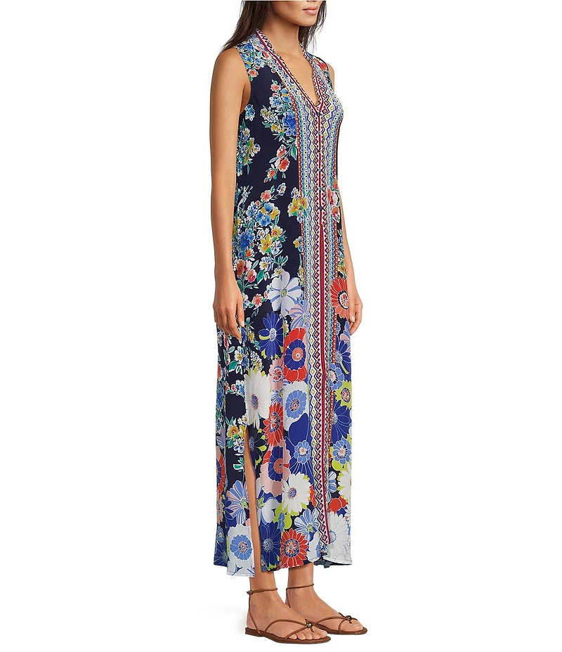 JOHNNY WAS Banksia Tiana Floral Scarf Print Silk V-Neck Sleeveless Maxi Dress