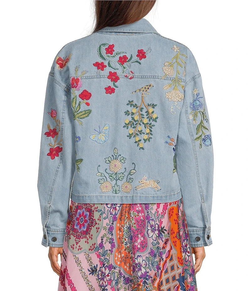 JOHNNY WAS Beatrix Denim Floral Embroidered Point Collar Long Sleeve Jacket