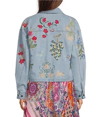 JOHNNY WAS Beatrix Denim Floral Embroidered Point Collar Long Sleeve Jacket