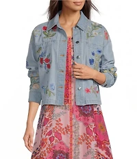 JOHNNY WAS Beatrix Denim Floral Embroidered Point Collar Long Sleeve Jacket