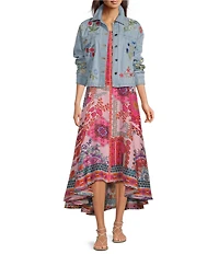 JOHNNY WAS Beatrix Denim Floral Embroidered Point Collar Long Sleeve Jacket