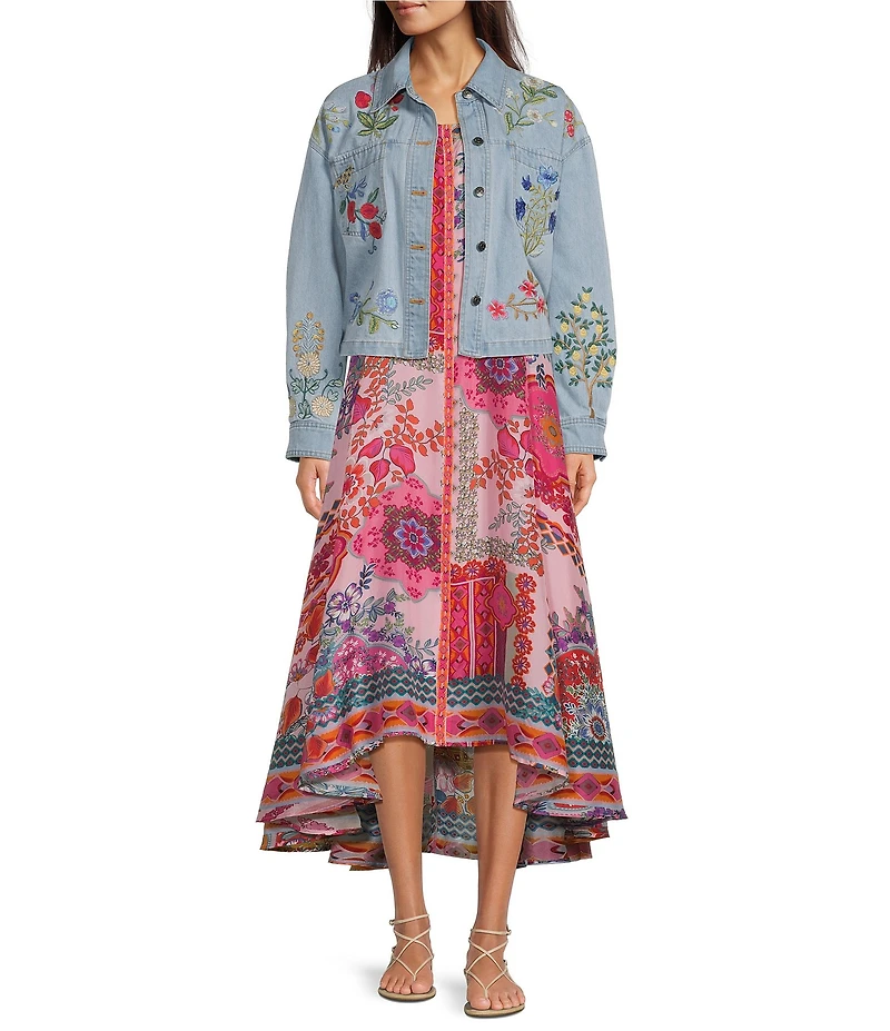 JOHNNY WAS Beatrix Denim Floral Embroidered Point Collar Long Sleeve Jacket