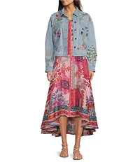 JOHNNY WAS Beatrix Denim Floral Embroidered Point Collar Long Sleeve Jacket