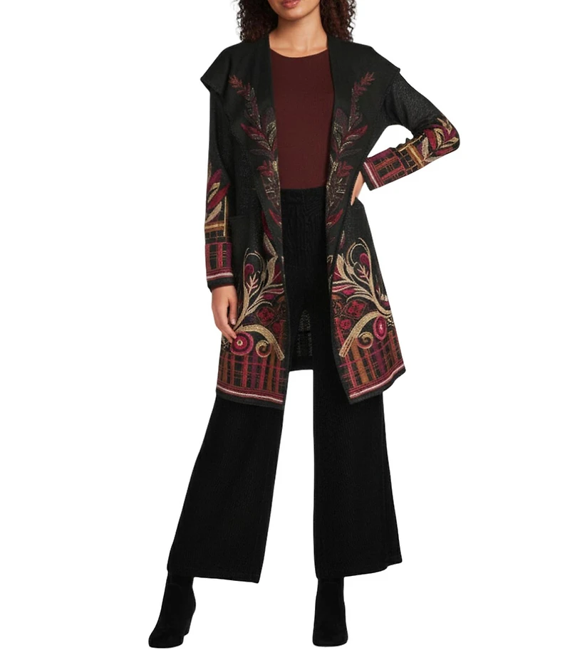 JOHNNY WAS Biya Donne Metallic Printed Embroidered Faux Suede Long Sleeve Hooded Jacket