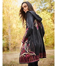 JOHNNY WAS Biya Donne Metallic Printed Embroidered Faux Suede Long Sleeve Hooded Jacket