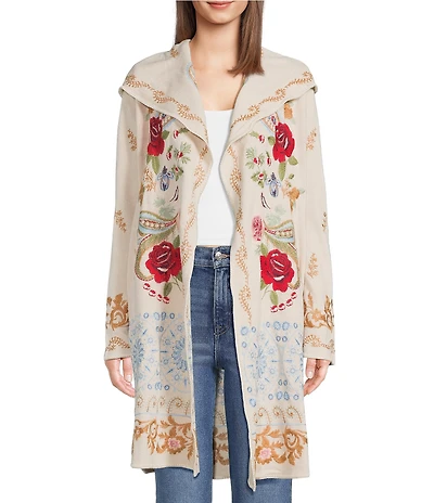 JOHNNY WAS Biya Floral Embroidered Textured Knit Shawl collar Long Sleeve Open-Front Long Cardigan