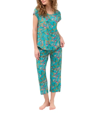 JOHNNY WAS Bobbie Butterfly Jersey Knit Cap Sleeve Scoop Neck Cropped Pajama Set