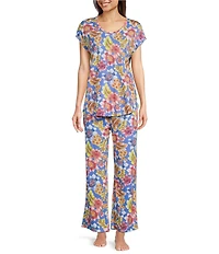 JOHNNY WAS Bobbie Floral Jersey Knit Cap Sleeve Scoop Neck Cropped Pajama Set