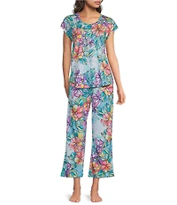 JOHNNY WAS Bobbie Floral Jersey Knit Cap Sleeve Scoop Neck Cropped Pajama Set