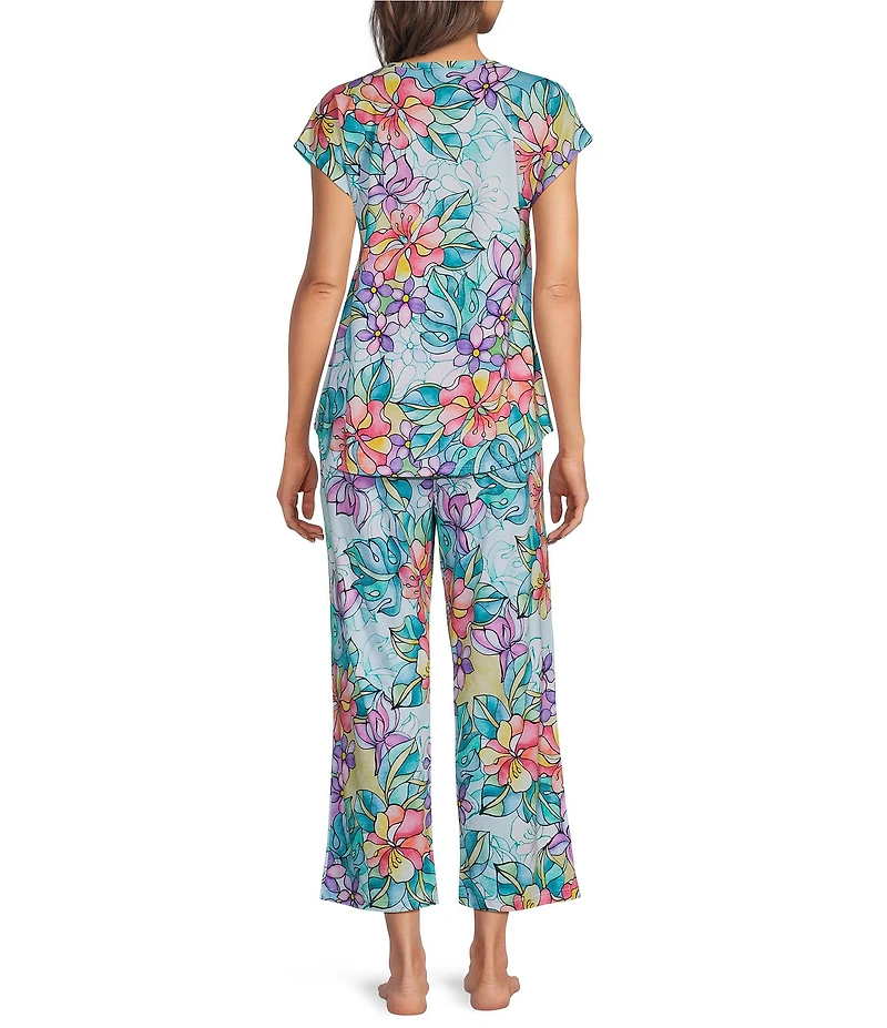 JOHNNY WAS Bobbie Floral Jersey Knit Cap Sleeve Scoop Neck Cropped Pajama Set