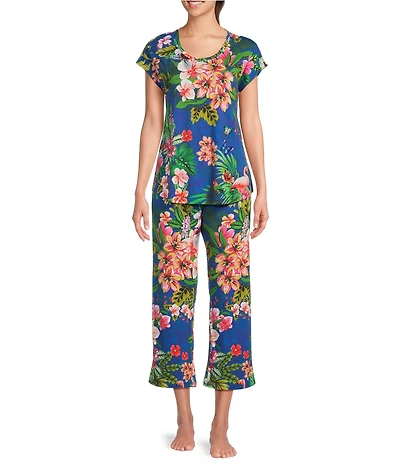JOHNNY WAS Bobbie Tropical Floral Jersey Knit Cap Sleeve Scoop Neck Cropped Pajama Set
