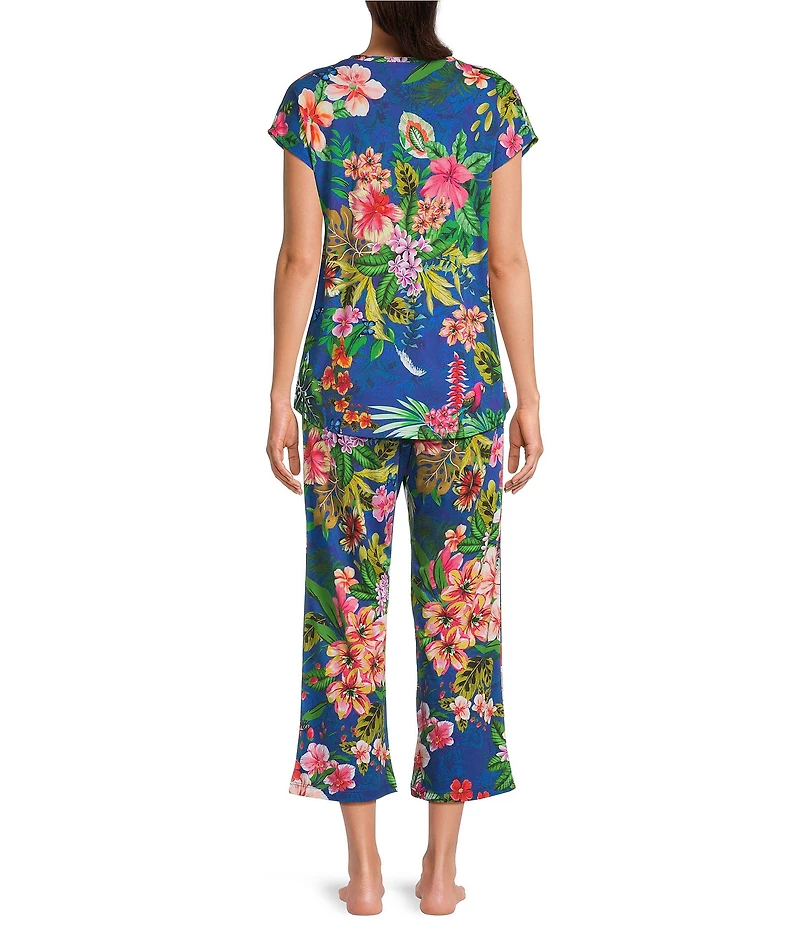 JOHNNY WAS Bobbie Tropical Floral Jersey Knit Cap Sleeve Scoop Neck Cropped Pajama Set