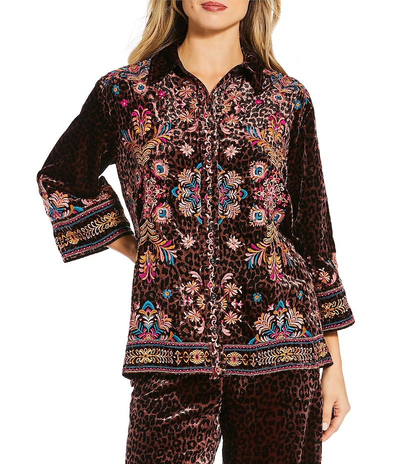 JOHNNY WAS Brandi Coordinating Leopard Print Embroidered Velvet Spread Collar 3/4 Kimono Sleeve Shirt
