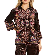 JOHNNY WAS Brandi Coordinating Leopard Print Embroidered Velvet Spread Collar 3/4 Kimono Sleeve Shirt