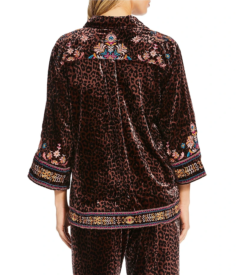 JOHNNY WAS Brandi Coordinating Leopard Print Embroidered Velvet Spread Collar 3/4 Kimono Sleeve Shirt