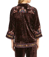 JOHNNY WAS Brandi Coordinating Leopard Print Embroidered Velvet Spread Collar 3/4 Kimono Sleeve Shirt