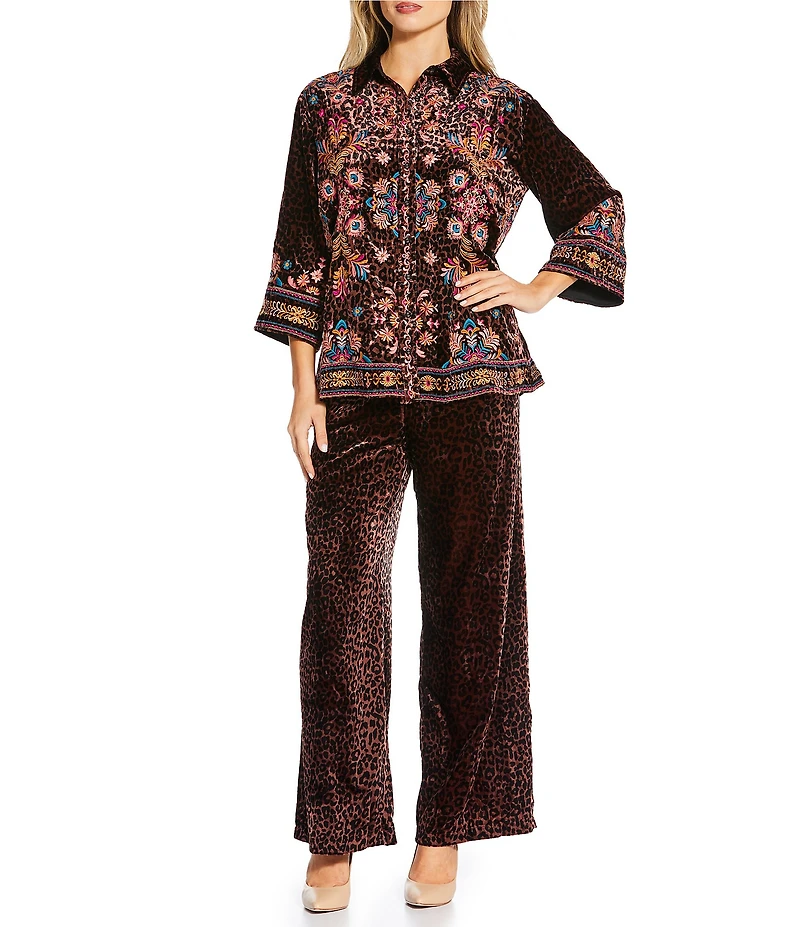 JOHNNY WAS Brandi Coordinating Leopard Print Embroidered Velvet Spread Collar 3/4 Kimono Sleeve Shirt