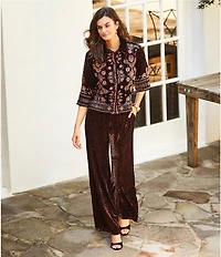JOHNNY WAS Brandi Coordinating Leopard Print Embroidered Velvet Spread Collar 3/4 Kimono Sleeve Shirt
