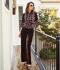JOHNNY WAS Brandi Coordinating Leopard Print Embroidered Velvet Spread Collar 3/4 Kimono Sleeve Shirt