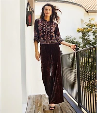 JOHNNY WAS Brandi Coordinating Leopard Print Embroidered Velvet Spread Collar 3/4 Kimono Sleeve Shirt