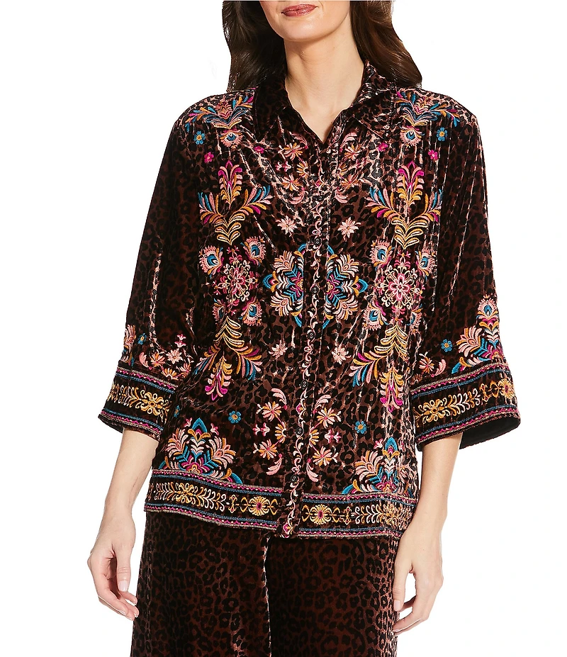 JOHNNY WAS Brandi Coordinating Leopard Print Embroidered Velvet Spread Collar 3/4 Kimono Sleeve Shirt