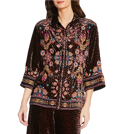 JOHNNY WAS Brandi Coordinating Leopard Print Embroidered Velvet Spread Collar 3/4 Kimono Sleeve Shirt