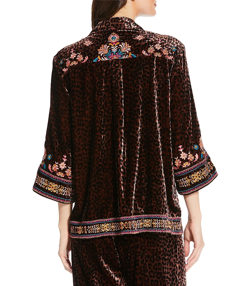 JOHNNY WAS Brandi Coordinating Leopard Print Embroidered Velvet Spread Collar 3/4 Kimono Sleeve Shirt