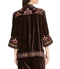 JOHNNY WAS Brandi Coordinating Leopard Print Embroidered Velvet Spread Collar 3/4 Kimono Sleeve Shirt
