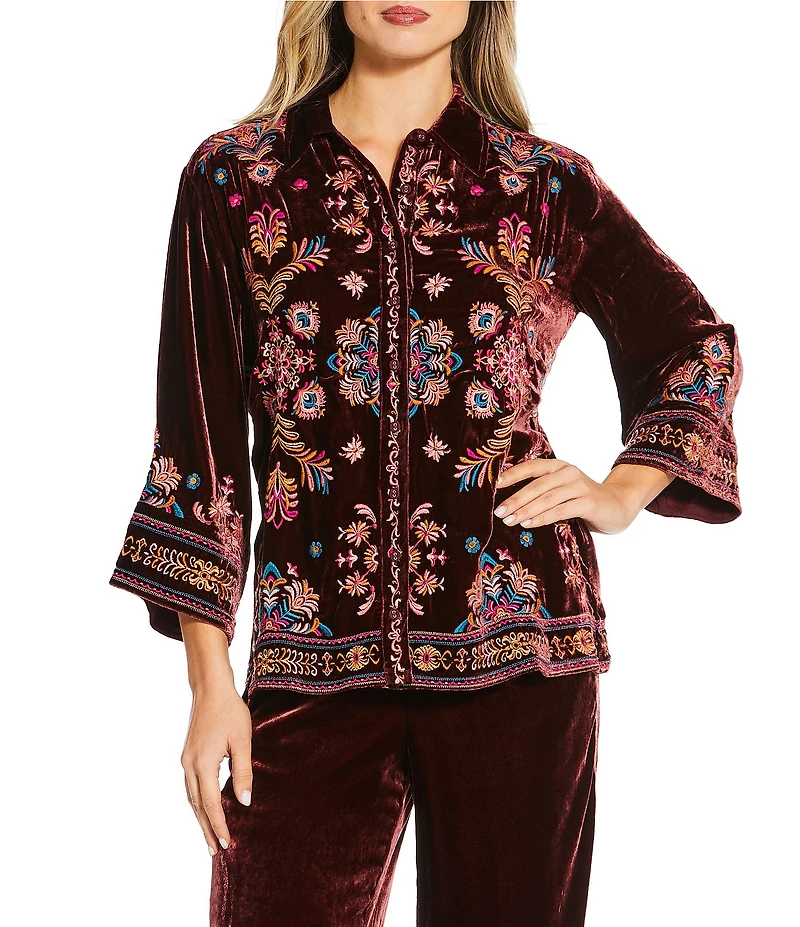 JOHNNY WAS Brandi Coordinating Embroidered Velvet Spread Collar 3/4 Kimono Sleeve Shirt