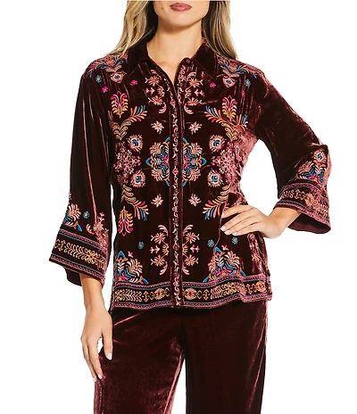JOHNNY WAS Brandi Coordinating Embroidered Velvet Spread Collar 3/4 Kimono Sleeve Shirt