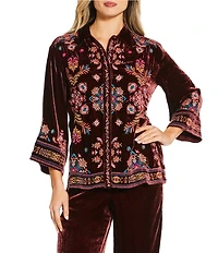 JOHNNY WAS Brandi Coordinating Embroidered Velvet Spread Collar 3/4 Kimono Sleeve Shirt