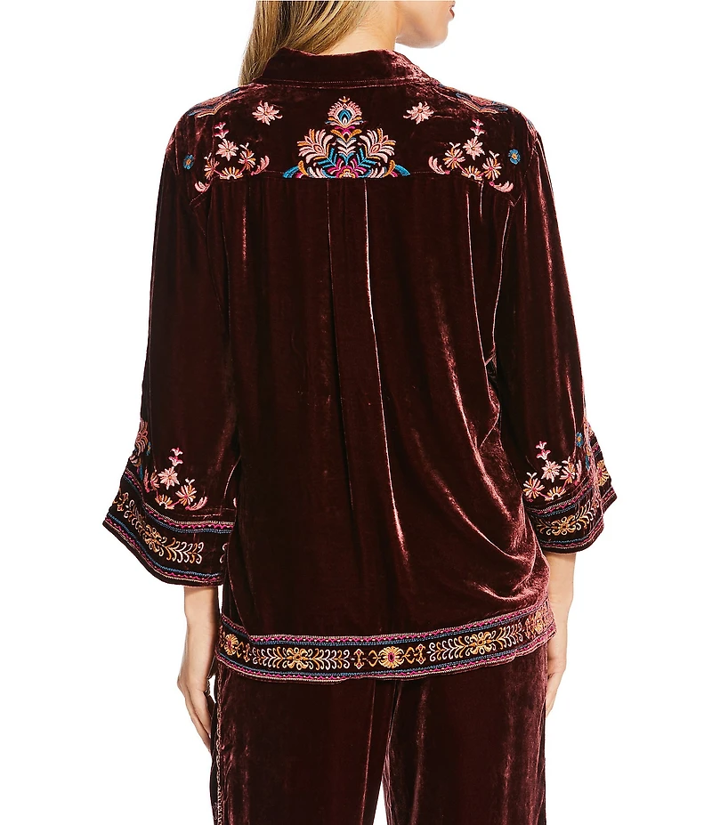 JOHNNY WAS Brandi Coordinating Embroidered Velvet Spread Collar 3/4 Kimono Sleeve Shirt
