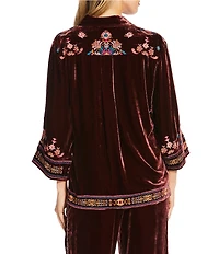 JOHNNY WAS Brandi Coordinating Embroidered Velvet Spread Collar 3/4 Kimono Sleeve Shirt