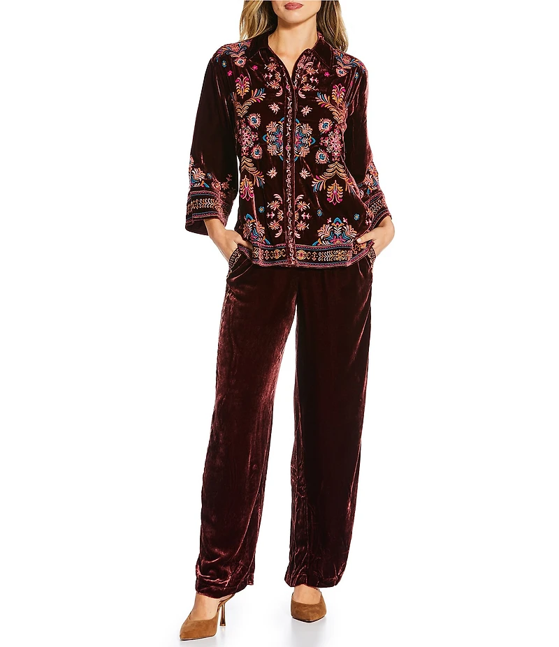 JOHNNY WAS Brandi Coordinating Embroidered Velvet Spread Collar 3/4 Kimono Sleeve Shirt