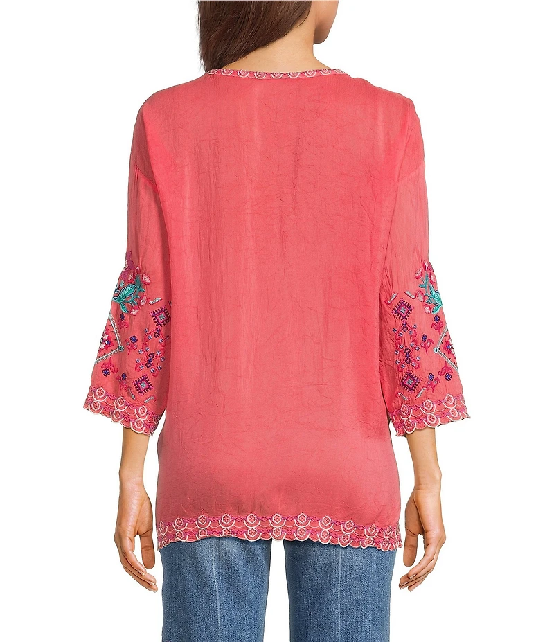 JOHNNY WAS Brixley Embroidered Round Neck 3/4 Sleeve Tunic