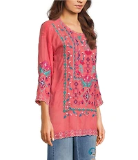 JOHNNY WAS Brixley Embroidered Round Neck 3/4 Sleeve Tunic